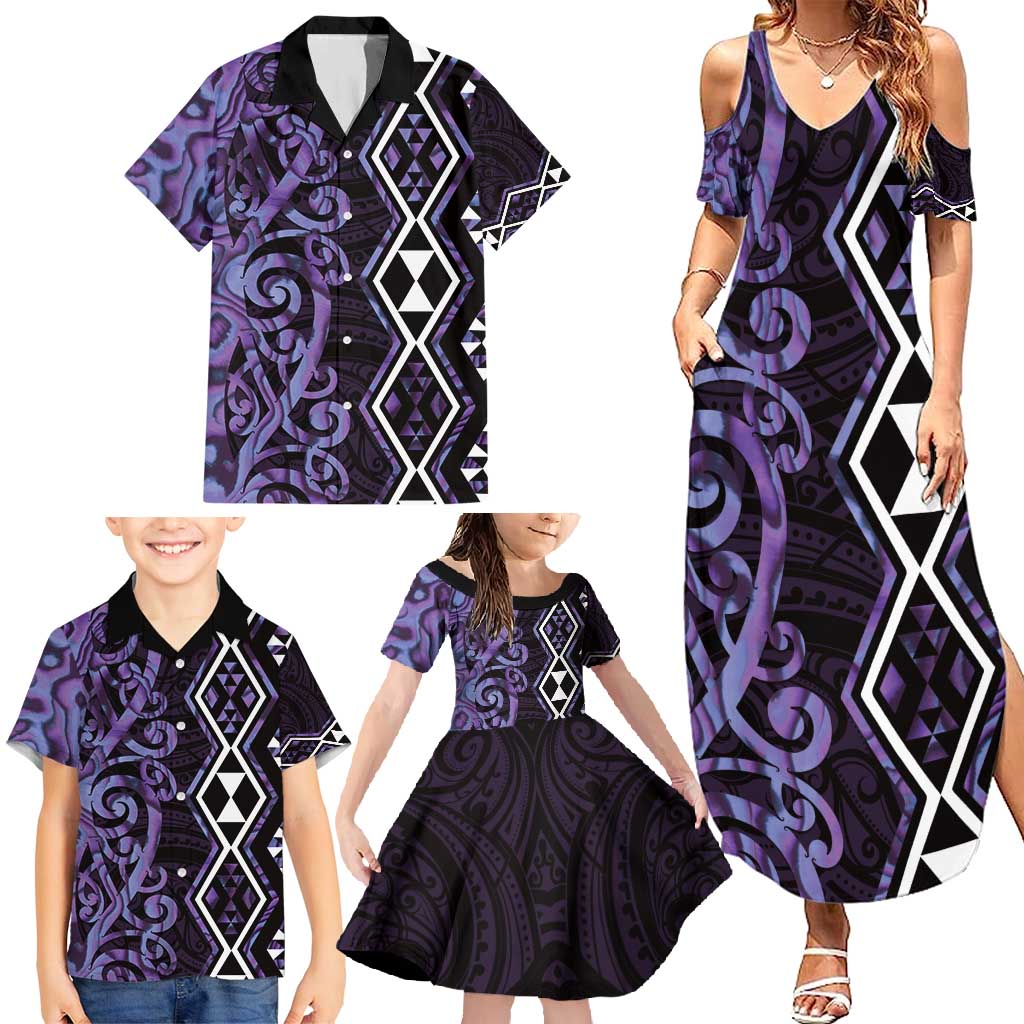 Purple Aotearoa Family Matching Summer Maxi Dress and Hawaiian Shirt Taniko Motifs With Paua Shell Kowhaiwhai LT14 - Polynesian Pride