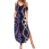 Purple Aotearoa Family Matching Summer Maxi Dress and Hawaiian Shirt Taniko Motifs With Paua Shell Kowhaiwhai LT14 Mom's Dress Purple - Polynesian Pride