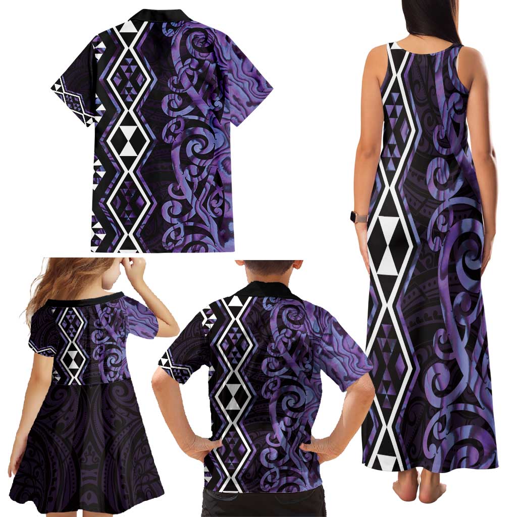 Purple Aotearoa Family Matching Tank Maxi Dress and Hawaiian Shirt Taniko Motifs With Paua Shell Kowhaiwhai LT14 - Polynesian Pride
