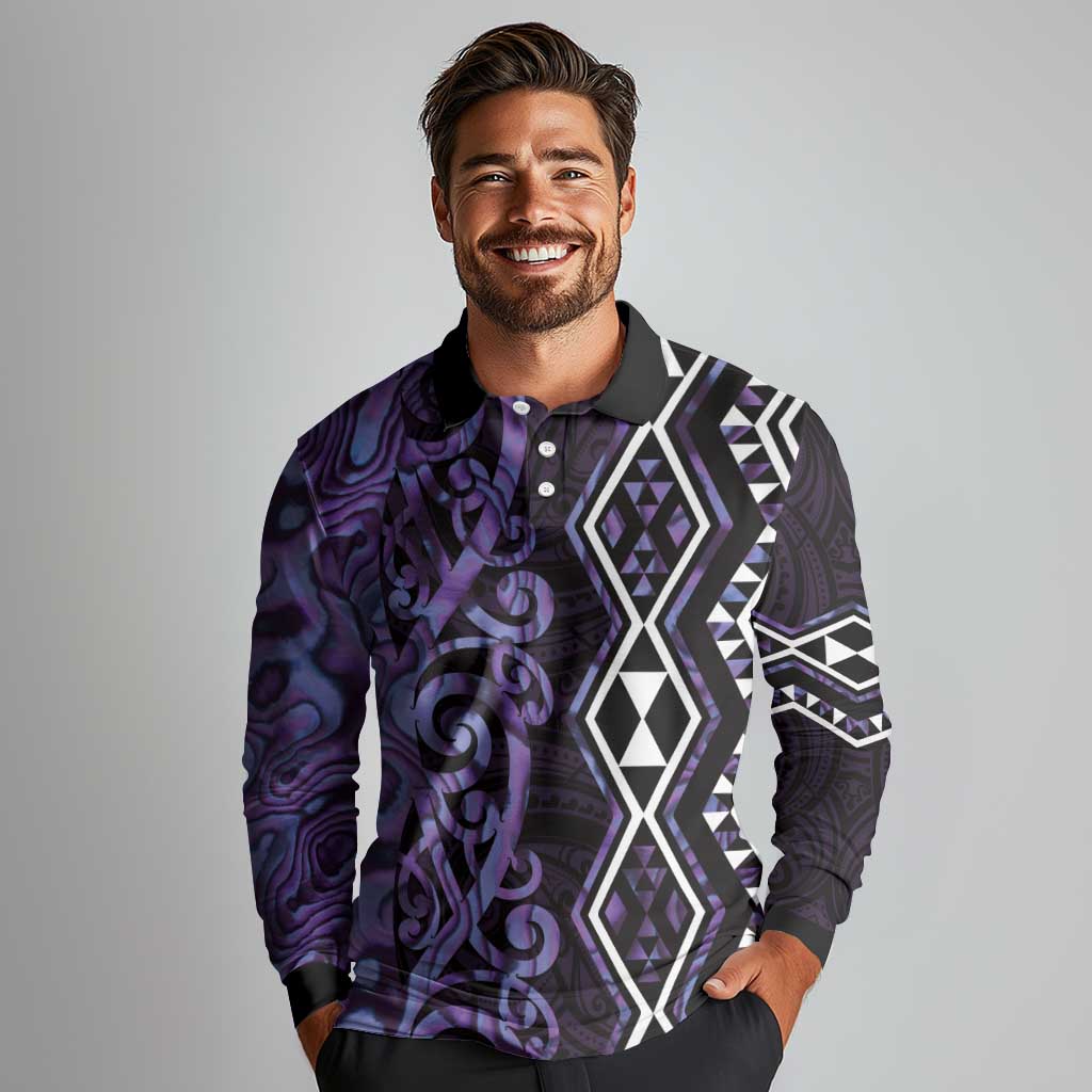 Purple Aotearoa Long Sleeve Polo Shirt Taniko Motifs With Paua Shell Kowhaiwhai