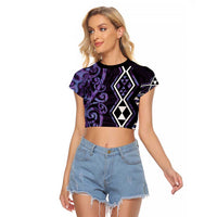 Purple Aotearoa Raglan Cropped T Shirt Taniko Motifs With Paua Shell Kowhaiwhai