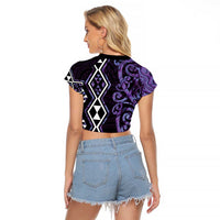 Purple Aotearoa Raglan Cropped T Shirt Taniko Motifs With Paua Shell Kowhaiwhai