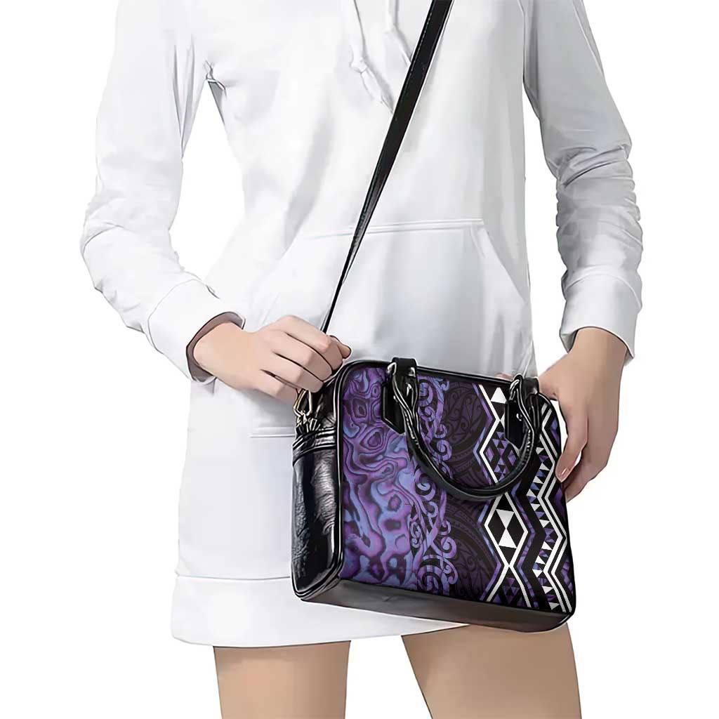 Purple Aotearoa Shoulder Handbag Taniko Motifs With Paua Shell Kowhaiwhai