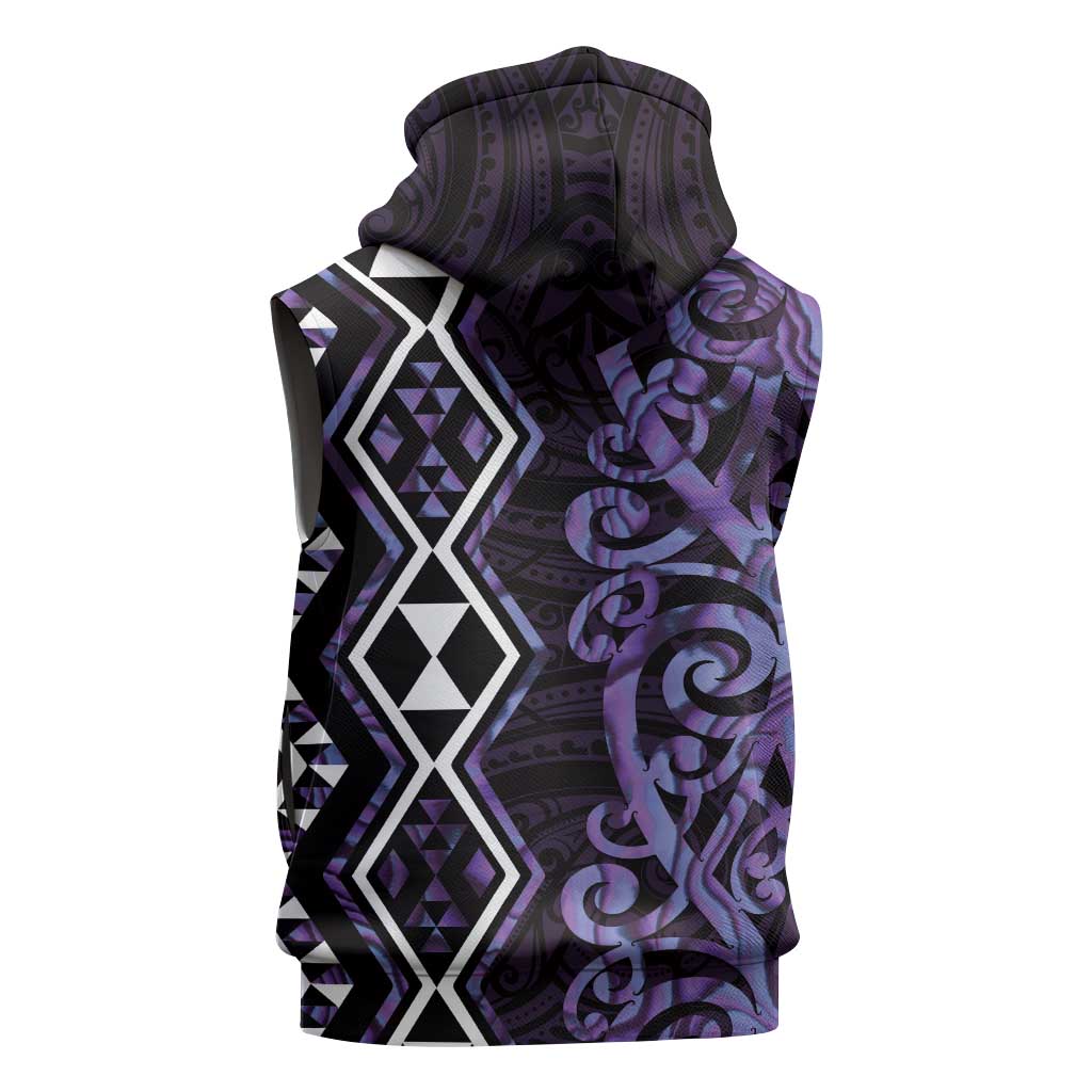 Purple Aotearoa Sleeveless Hoodie Taniko Motifs With Paua Shell Kowhaiwhai - Polynesian Pride