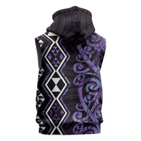 Purple Aotearoa Sleeveless Hoodie Taniko Motifs With Paua Shell Kowhaiwhai - Polynesian Pride
