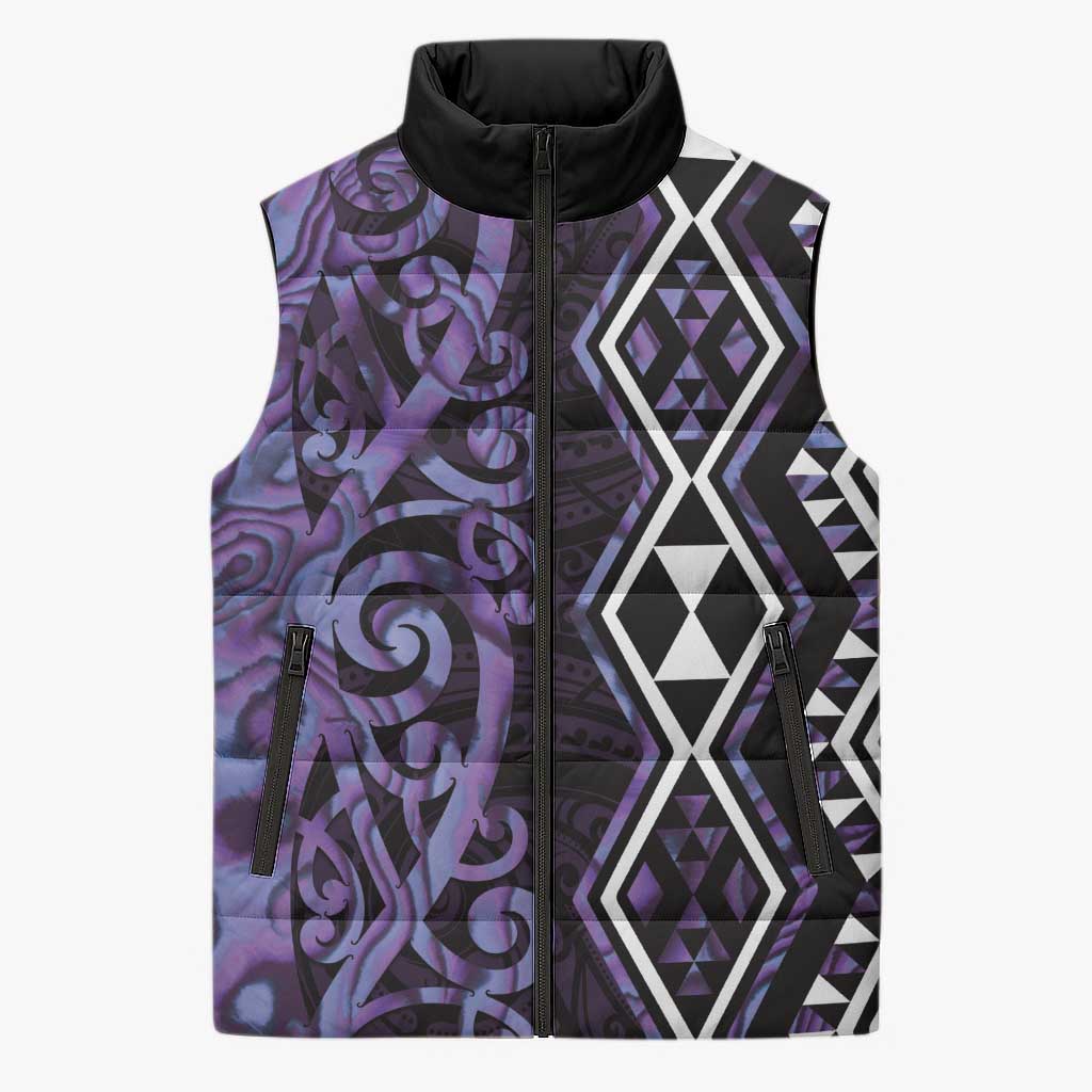 Purple Aotearoa Sleeveless Puffer Jacket Taniko Motifs With Paua Shell Kowhaiwhai - Polynesian Pride
