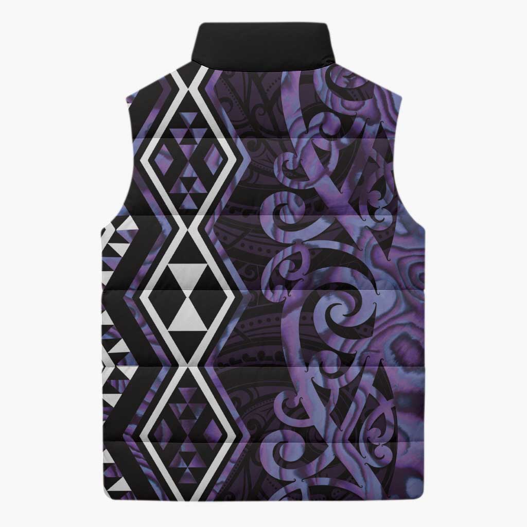 Purple Aotearoa Sleeveless Puffer Jacket Taniko Motifs With Paua Shell Kowhaiwhai - Polynesian Pride