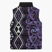 Purple Aotearoa Sleeveless Puffer Jacket Taniko Motifs With Paua Shell Kowhaiwhai - Polynesian Pride