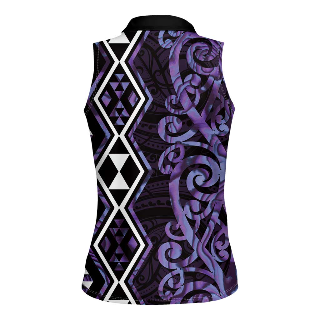 Purple Aotearoa Women Sleeveless Polo Shirt Taniko Motifs With Paua Shell Kowhaiwhai