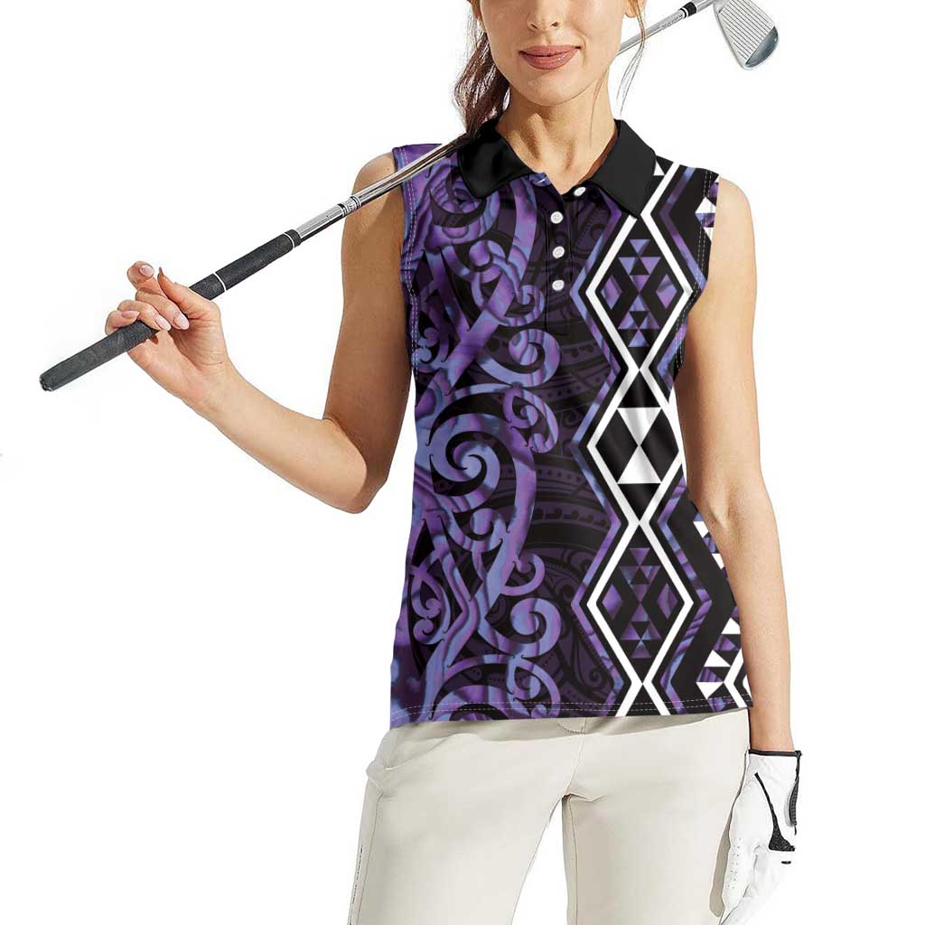 Purple Aotearoa Women Sleeveless Polo Shirt Taniko Motifs With Paua Shell Kowhaiwhai