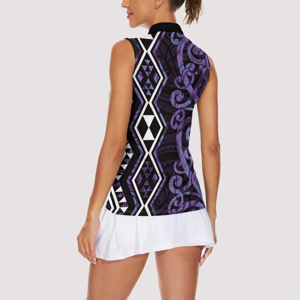 Purple Aotearoa Women Sleeveless Polo Shirt Taniko Motifs With Paua Shell Kowhaiwhai