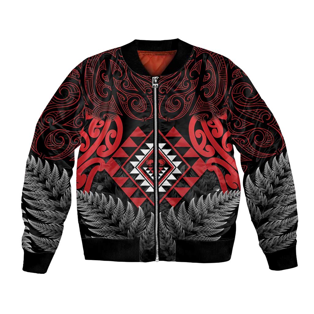 Aotearoa Kiwi Taniko Bomber Jacket Silver Fern With Maori Koru Pattern