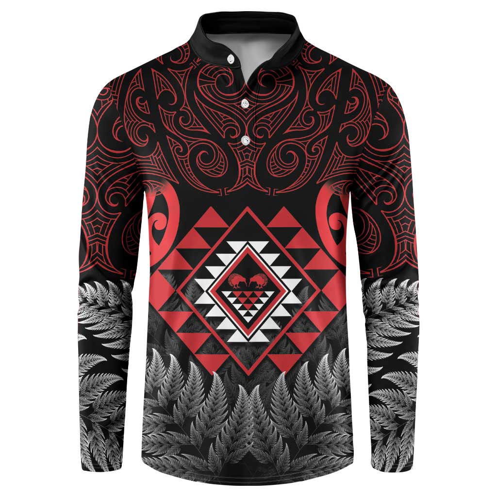 Aotearoa Kiwi Taniko Button Sweatshirt Silver Fern With Maori Koru Pattern