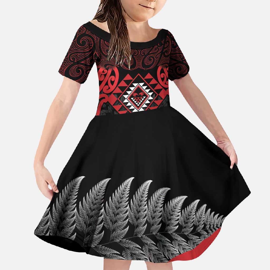 Aotearoa Kiwi Taniko Family Matching Long Sleeve Bodycon Dress and Hawaiian Shirt Silver Fern With Maori Koru Pattern LT14 Daughter's Dress Red - Polynesian Pride