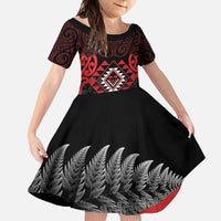 Aotearoa Kiwi Taniko Family Matching Long Sleeve Bodycon Dress and Hawaiian Shirt Silver Fern With Maori Koru Pattern LT14 Daughter's Dress Red - Polynesian Pride