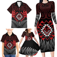Aotearoa Kiwi Taniko Family Matching Long Sleeve Bodycon Dress and Hawaiian Shirt Silver Fern With Maori Koru Pattern LT14 - Polynesian Pride