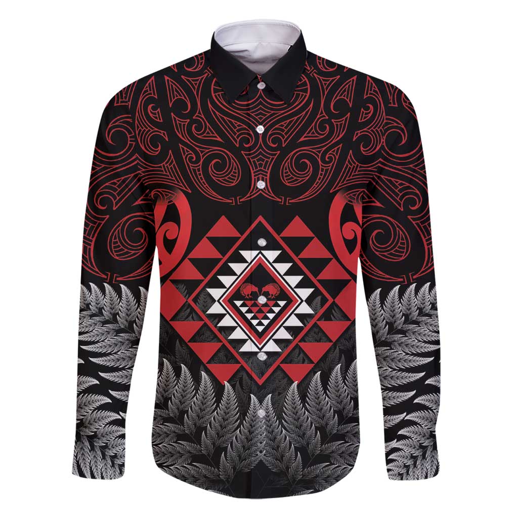 Aotearoa Kiwi Taniko Family Matching Long Sleeve Bodycon Dress and Hawaiian Shirt Silver Fern With Maori Koru Pattern LT14 Dad's Shirt - Long Sleeve Red - Polynesian Pride