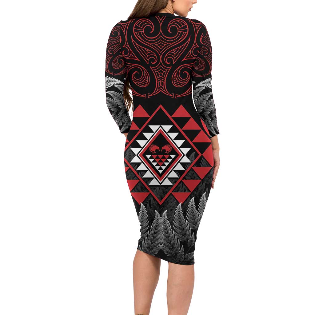 Aotearoa Kiwi Taniko Family Matching Long Sleeve Bodycon Dress and Hawaiian Shirt Silver Fern With Maori Koru Pattern LT14 - Polynesian Pride