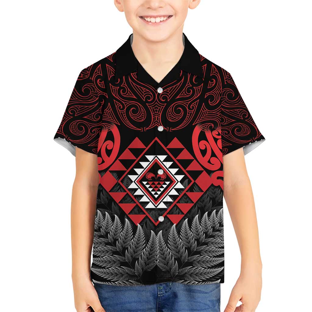 Aotearoa Kiwi Taniko Family Matching Long Sleeve Bodycon Dress and Hawaiian Shirt Silver Fern With Maori Koru Pattern LT14 Son's Shirt Red - Polynesian Pride