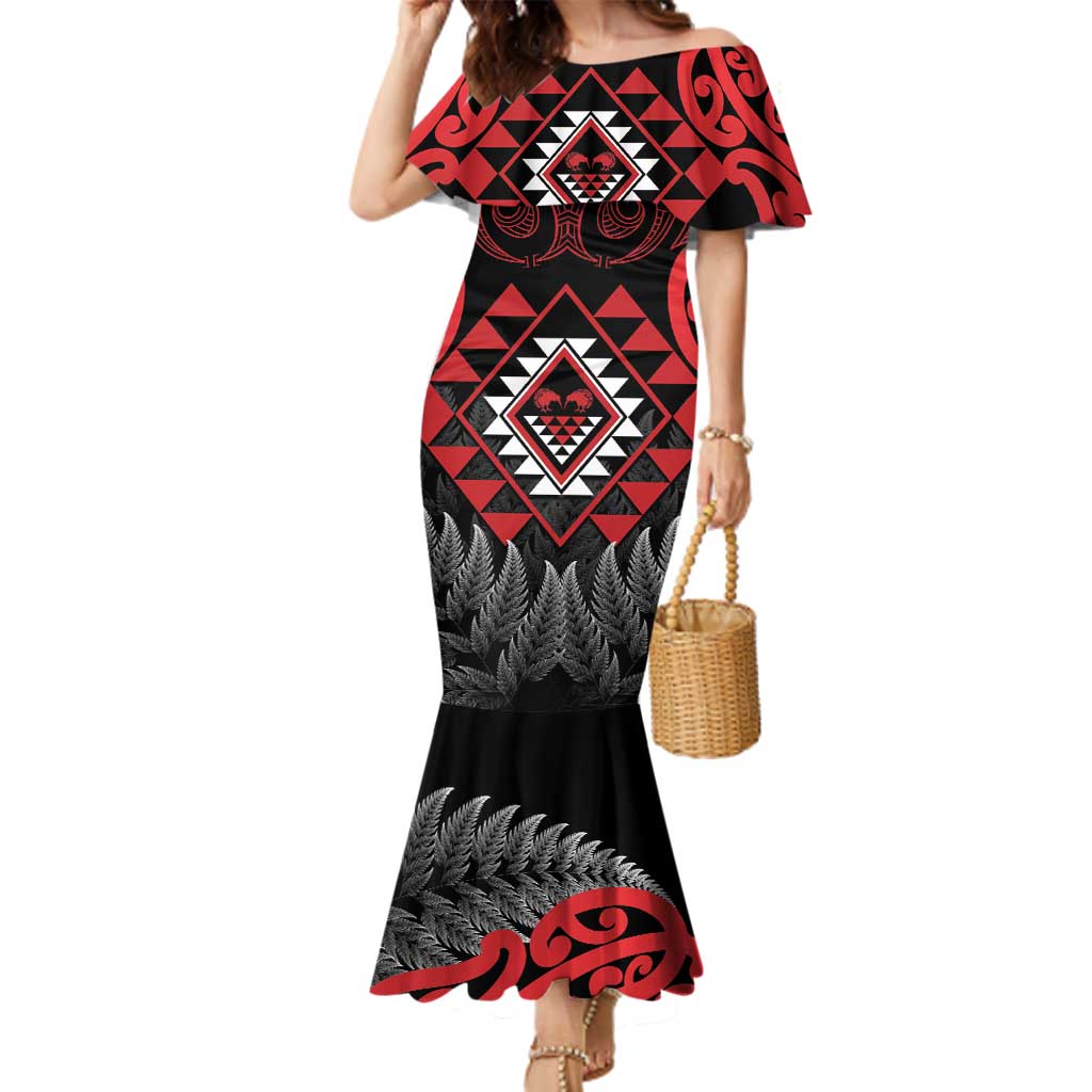 Aotearoa Kiwi Taniko Family Matching Mermaid Dress and Hawaiian Shirt Silver Fern With Maori Koru Pattern LT14 Mom's Dress Red - Polynesian Pride