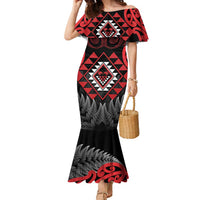 Aotearoa Kiwi Taniko Family Matching Mermaid Dress and Hawaiian Shirt Silver Fern With Maori Koru Pattern LT14 Mom's Dress Red - Polynesian Pride