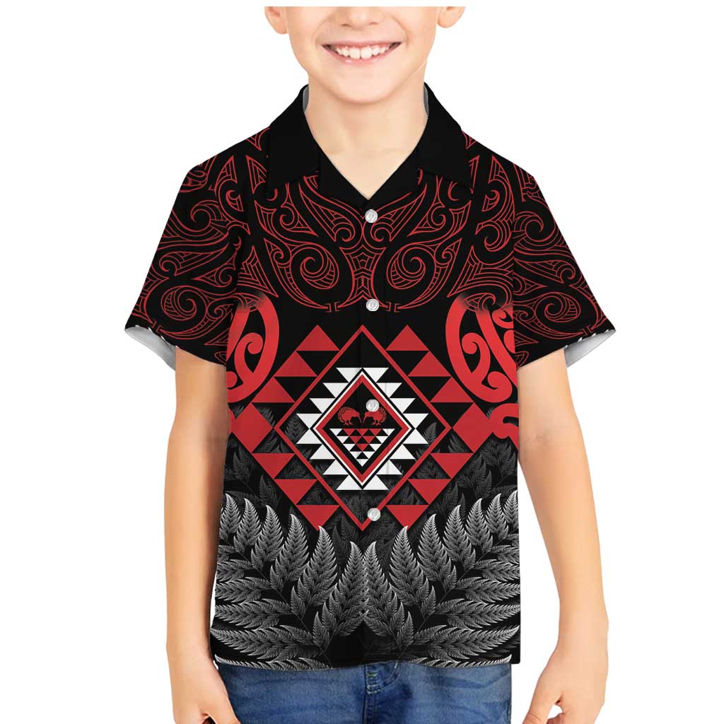 Aotearoa Kiwi Taniko Family Matching Mermaid Dress and Hawaiian Shirt Silver Fern With Maori Koru Pattern LT14 Son's Shirt Red - Polynesian Pride