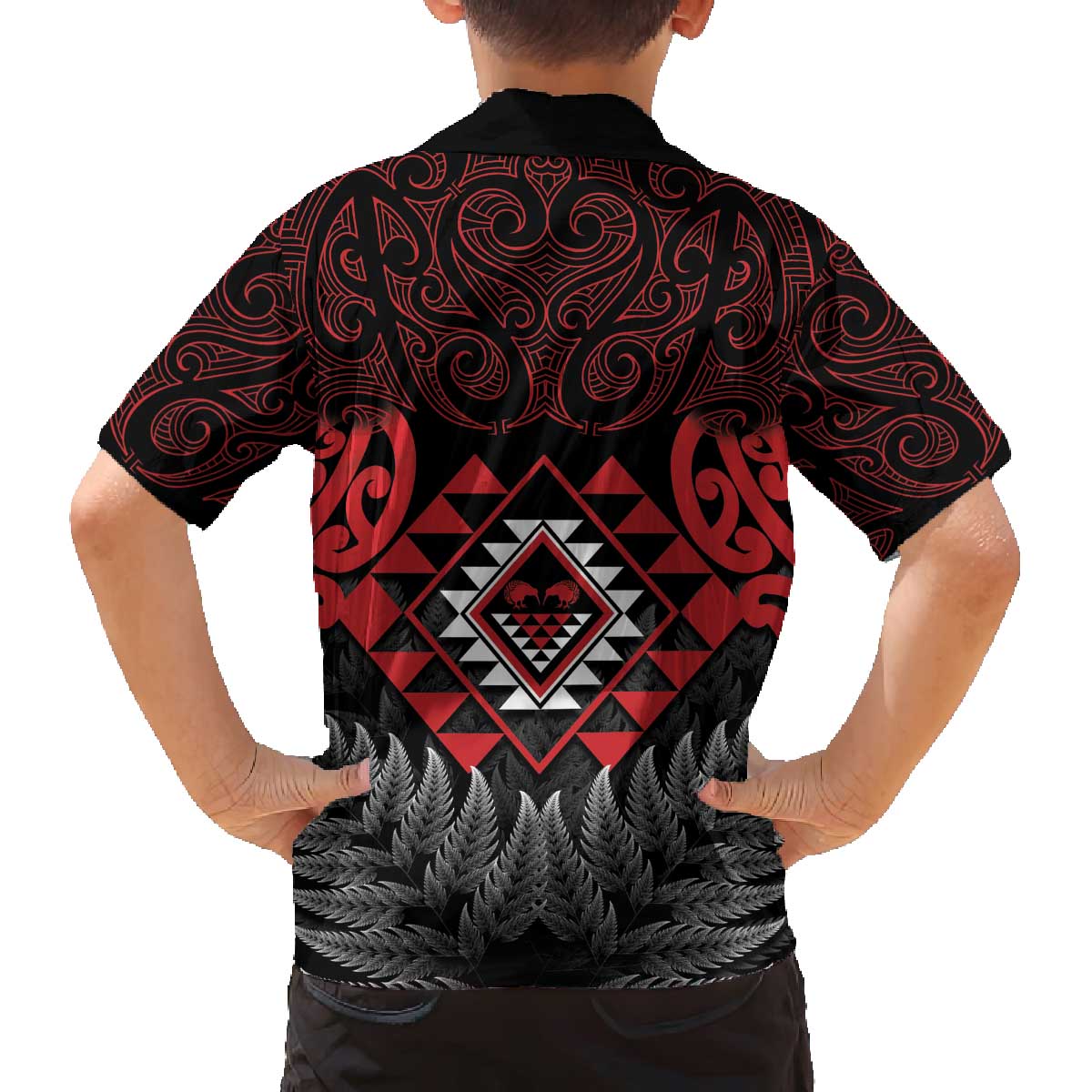 Aotearoa Kiwi Taniko Family Matching Off The Shoulder Long Sleeve Dress and Hawaiian Shirt Silver Fern With Maori Koru Pattern LT14 - Polynesian Pride