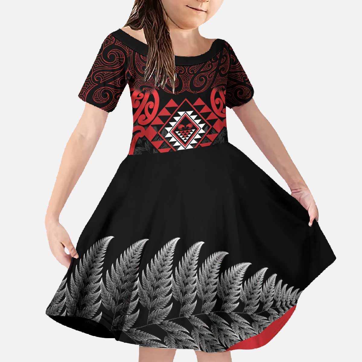 Aotearoa Kiwi Taniko Family Matching Off The Shoulder Long Sleeve Dress and Hawaiian Shirt Silver Fern With Maori Koru Pattern LT14 Daughter's Dress Red - Polynesian Pride