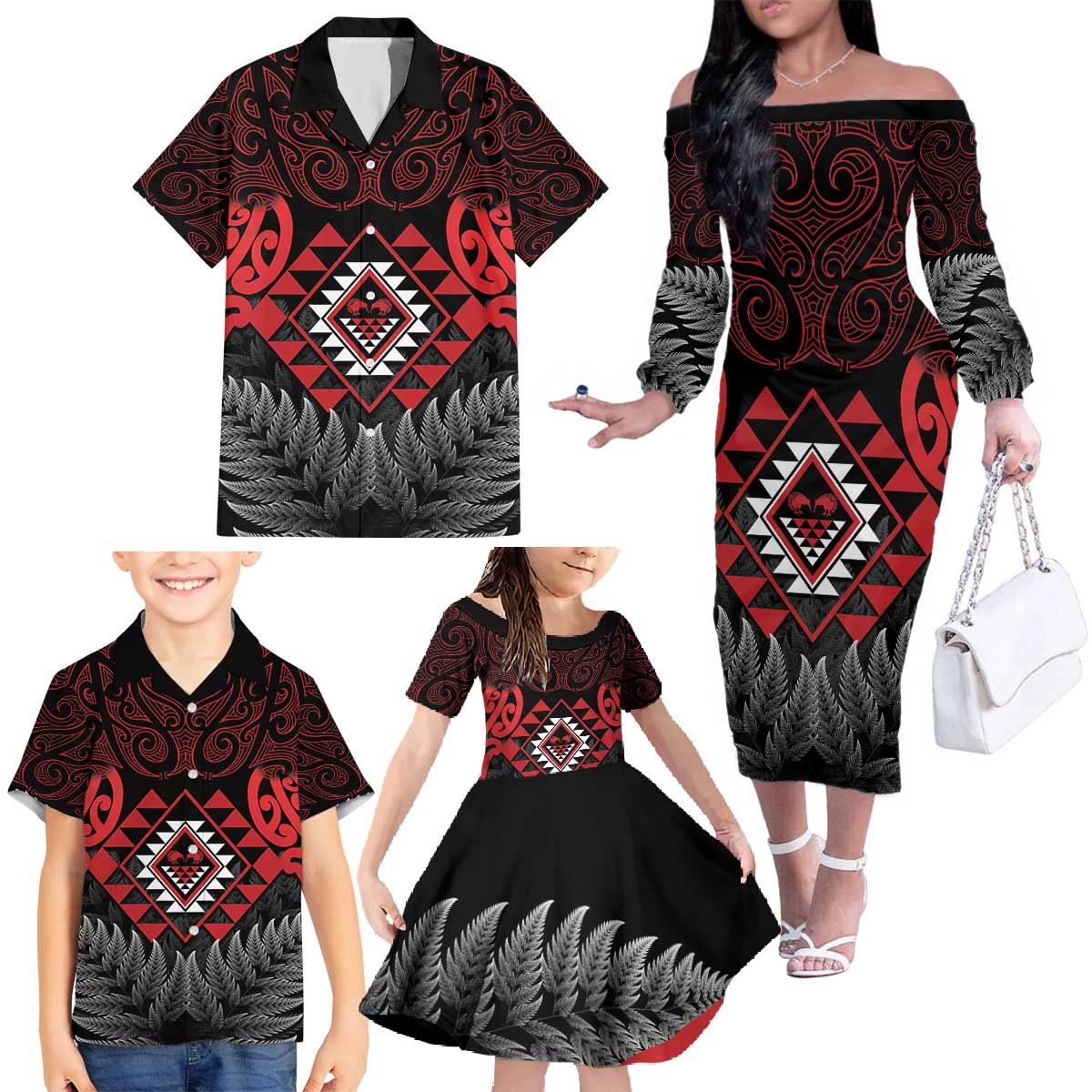 Aotearoa Kiwi Taniko Family Matching Off The Shoulder Long Sleeve Dress and Hawaiian Shirt Silver Fern With Maori Koru Pattern LT14 - Polynesian Pride
