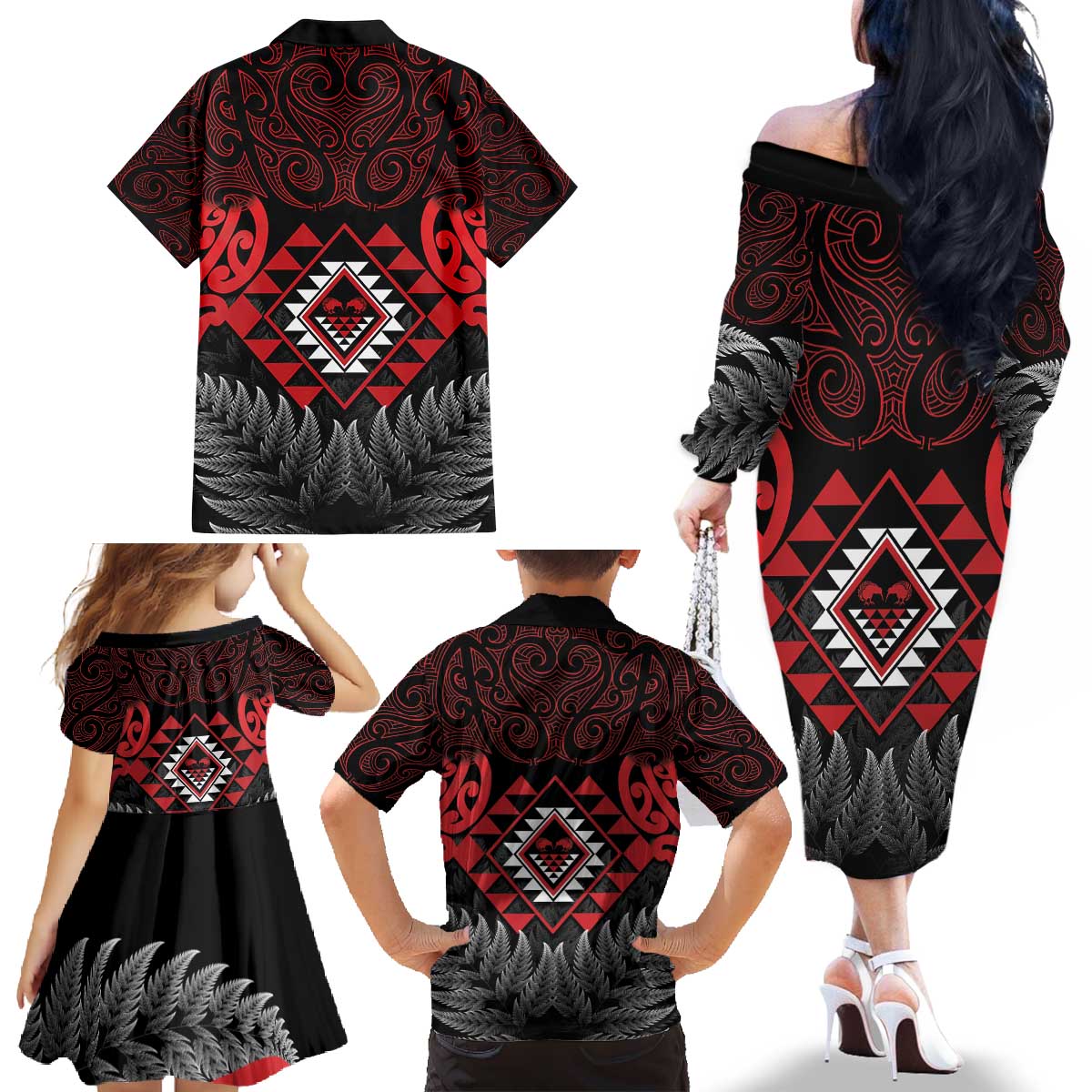 Aotearoa Kiwi Taniko Family Matching Off The Shoulder Long Sleeve Dress and Hawaiian Shirt Silver Fern With Maori Koru Pattern LT14 - Polynesian Pride