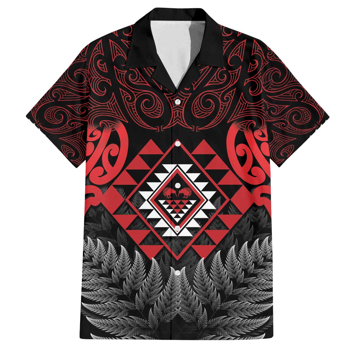 Aotearoa Kiwi Taniko Family Matching Off The Shoulder Long Sleeve Dress and Hawaiian Shirt Silver Fern With Maori Koru Pattern LT14 Dad's Shirt - Short Sleeve Red - Polynesian Pride