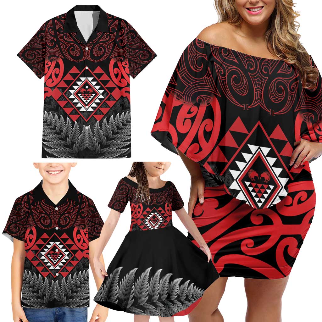Aotearoa Kiwi Taniko Family Matching Off Shoulder Short Dress and Hawaiian Shirt Silver Fern With Maori Koru Pattern LT14 - Polynesian Pride