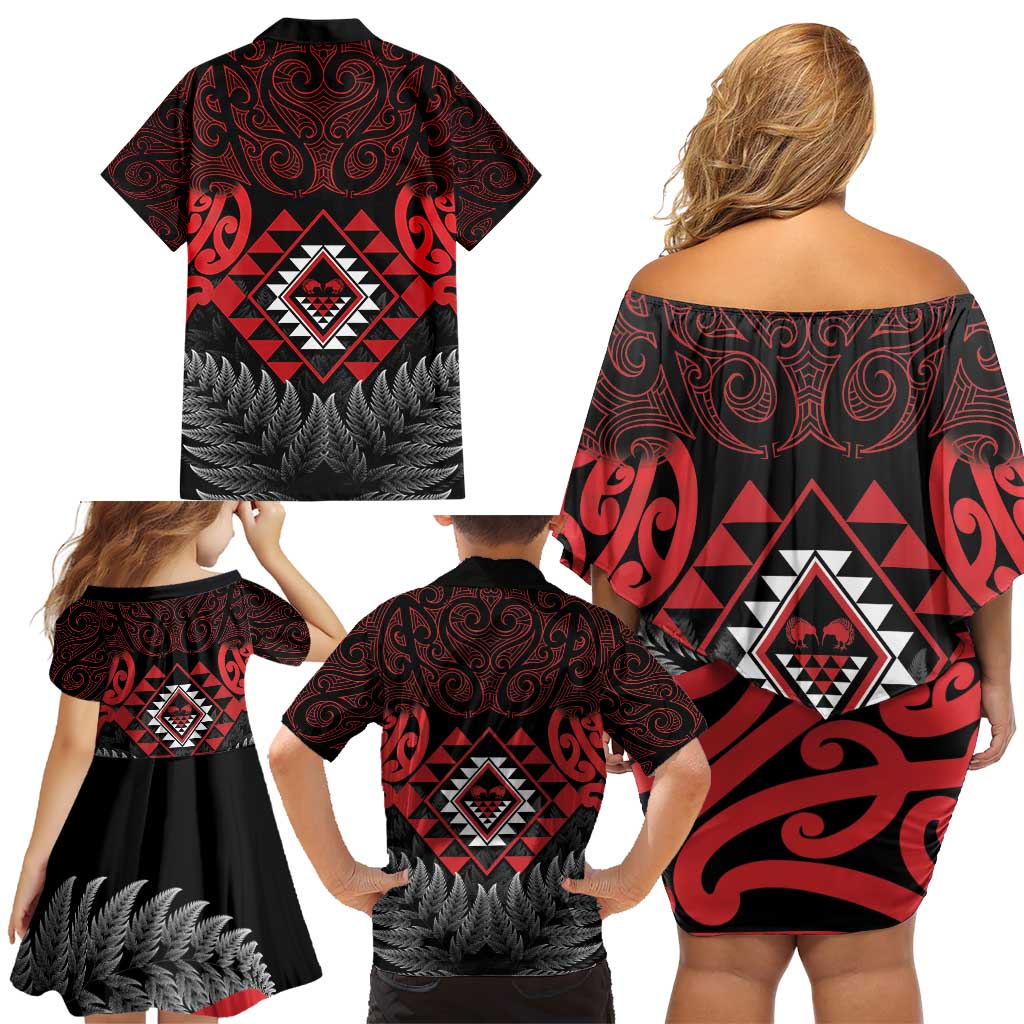 Aotearoa Kiwi Taniko Family Matching Off Shoulder Short Dress and Hawaiian Shirt Silver Fern With Maori Koru Pattern LT14 - Polynesian Pride