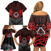 Aotearoa Kiwi Taniko Family Matching Off Shoulder Short Dress and Hawaiian Shirt Silver Fern With Maori Koru Pattern LT14 - Polynesian Pride