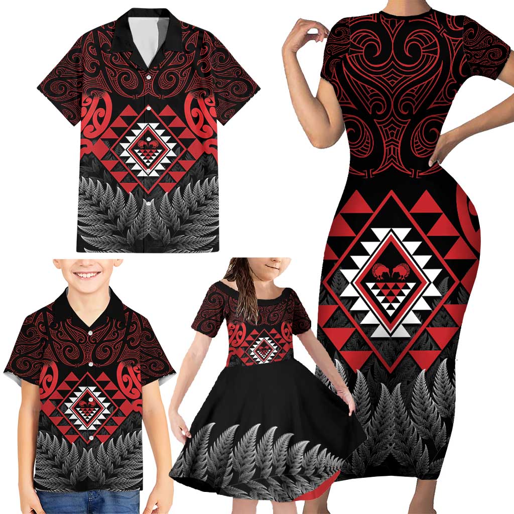 Aotearoa Kiwi Taniko Family Matching Short Sleeve Bodycon Dress and Hawaiian Shirt Silver Fern With Maori Koru Pattern LT14 - Polynesian Pride