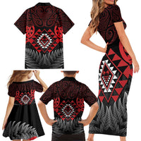 Aotearoa Kiwi Taniko Family Matching Short Sleeve Bodycon Dress and Hawaiian Shirt Silver Fern With Maori Koru Pattern LT14 - Polynesian Pride