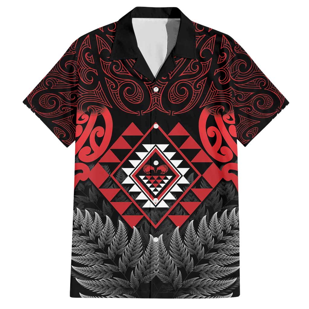 Aotearoa Kiwi Taniko Family Matching Short Sleeve Bodycon Dress and Hawaiian Shirt Silver Fern With Maori Koru Pattern LT14 Dad's Shirt - Short Sleeve Red - Polynesian Pride