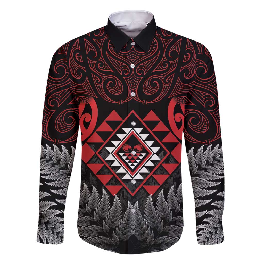 Aotearoa Kiwi Taniko Family Matching Short Sleeve Bodycon Dress and Hawaiian Shirt Silver Fern With Maori Koru Pattern LT14 Dad's Shirt - Long Sleeve Red - Polynesian Pride