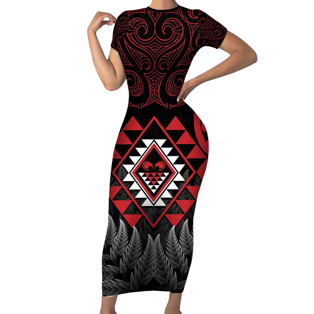 Aotearoa Kiwi Taniko Family Matching Short Sleeve Bodycon Dress and Hawaiian Shirt Silver Fern With Maori Koru Pattern LT14 Mom's Dress Red - Polynesian Pride