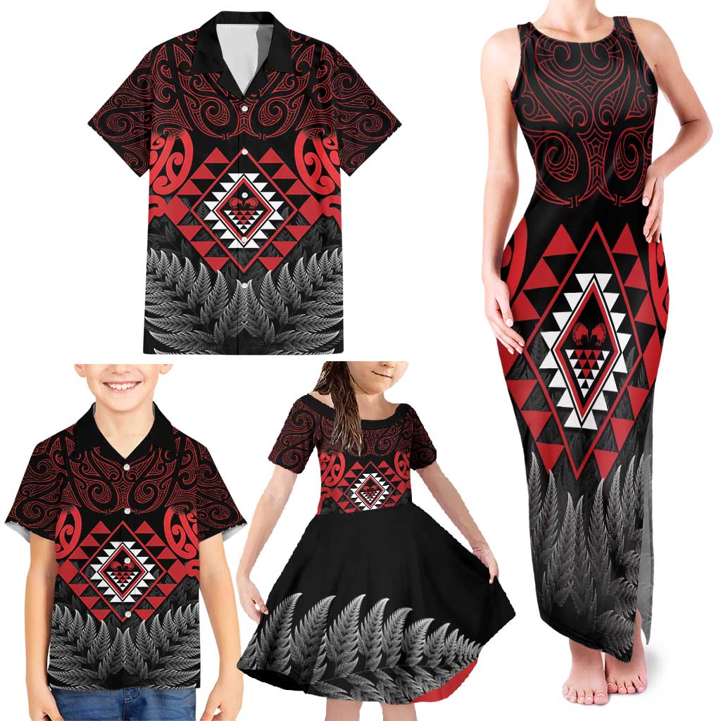 Aotearoa Kiwi Taniko Family Matching Tank Maxi Dress and Hawaiian Shirt Silver Fern With Maori Koru Pattern LT14 - Polynesian Pride