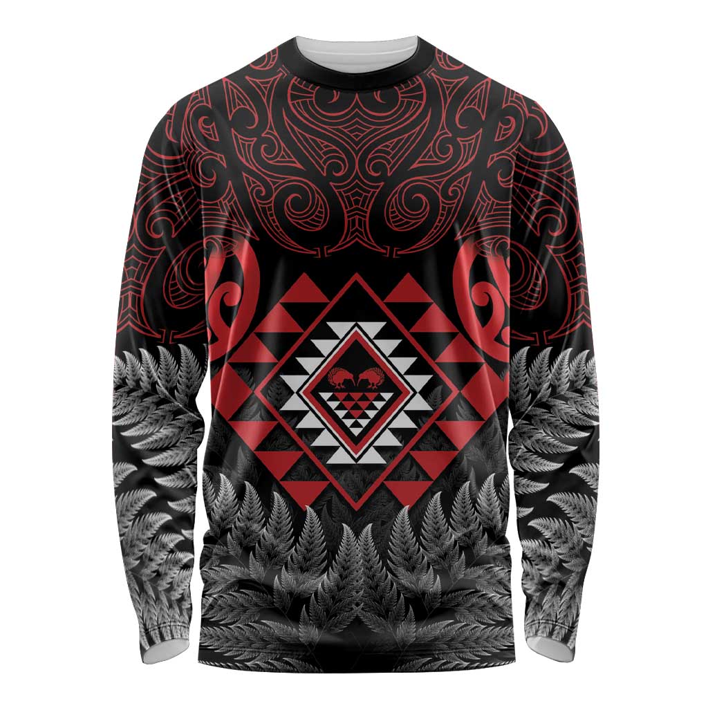 Aotearoa Kiwi Taniko Long Sleeve Shirt Silver Fern With Maori Koru Pattern