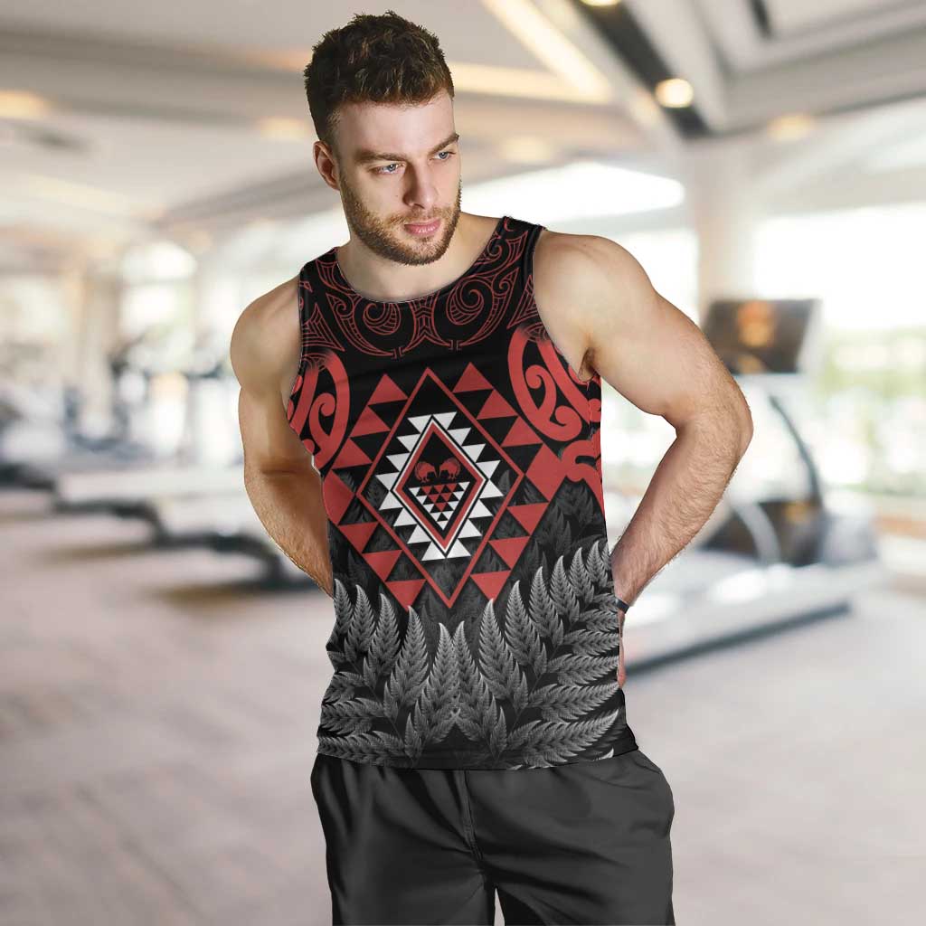 Aotearoa Kiwi Taniko Men Tank Top Silver Fern With Maori Koru Pattern