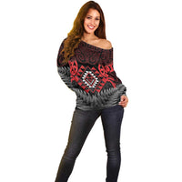 Aotearoa Kiwi Taniko Off Shoulder Sweater Silver Fern With Maori Koru Pattern