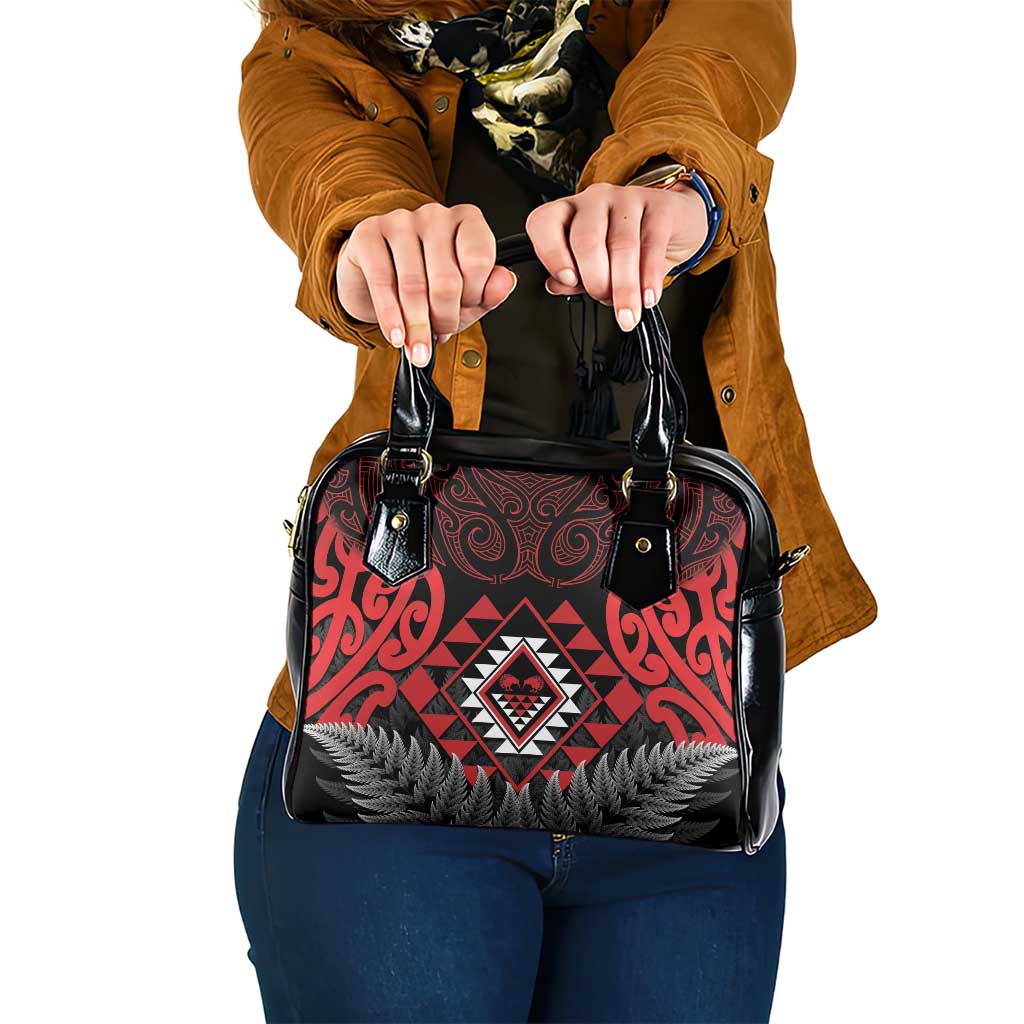 Aotearoa Kiwi Taniko Shoulder Handbag Silver Fern With Maori Koru Pattern