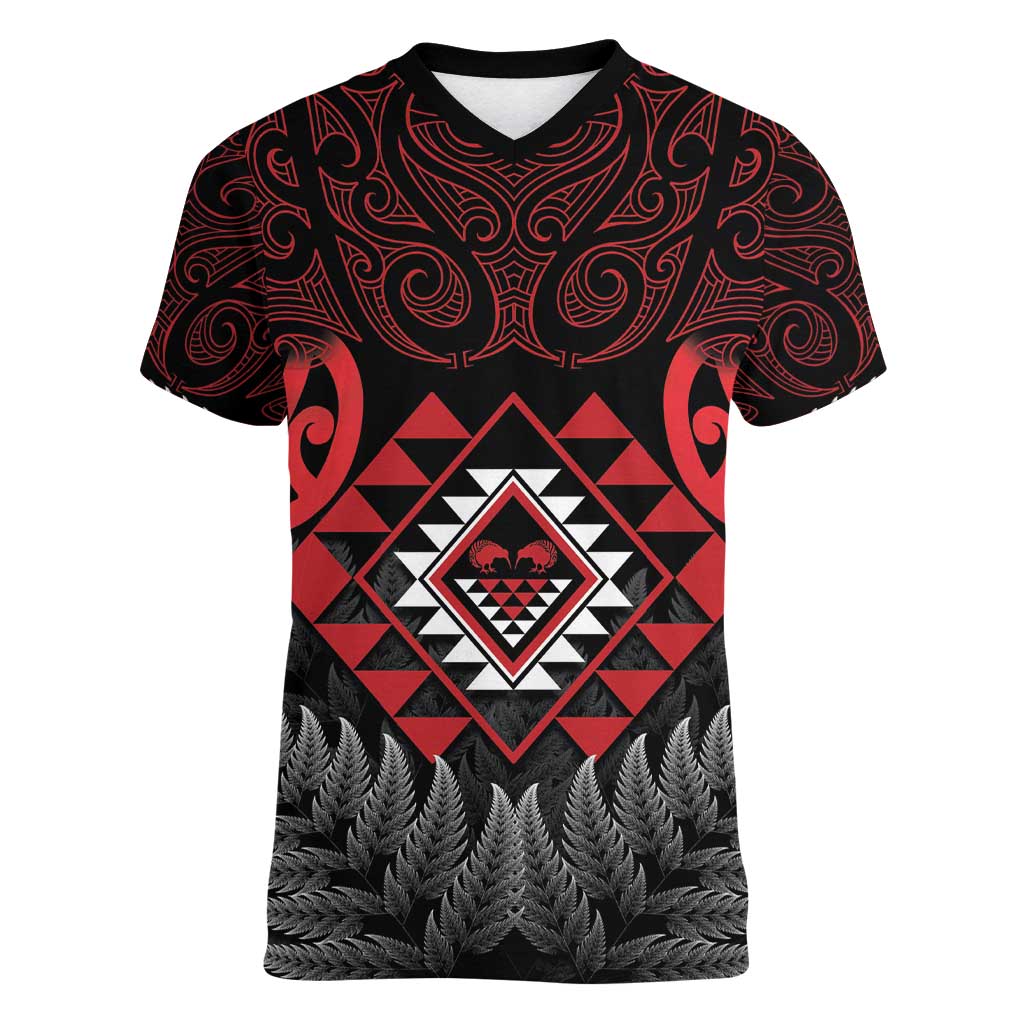 Aotearoa Kiwi Taniko Women V-Neck T-Shirt Silver Fern With Maori Koru Pattern