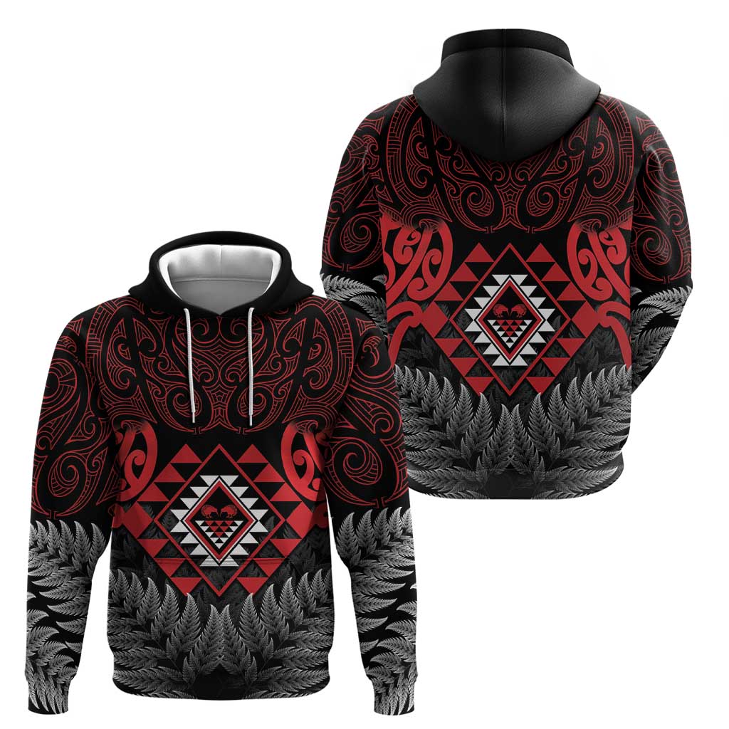 Aotearoa Kiwi Taniko Zip Hoodie Silver Fern With Maori Koru Pattern