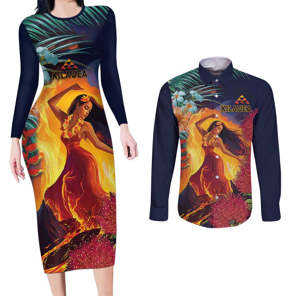 Hawaii Kilauea Big Islands Couples Matching Long Sleeve Bodycon Dress and Long Sleeve Button Shirt Pele Goddess With Tropical Flowers LT14 Art - Polynesian Pride