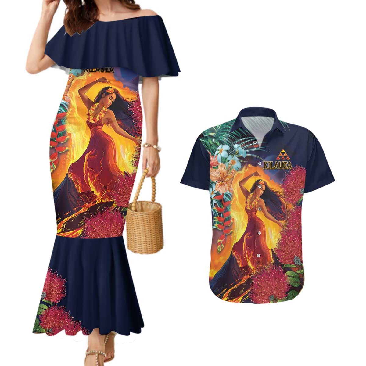 Hawaii Kilauea Big Islands Couples Matching Mermaid Dress and Hawaiian Shirt Pele Goddess With Tropical Flowers LT14 Art - Polynesian Pride