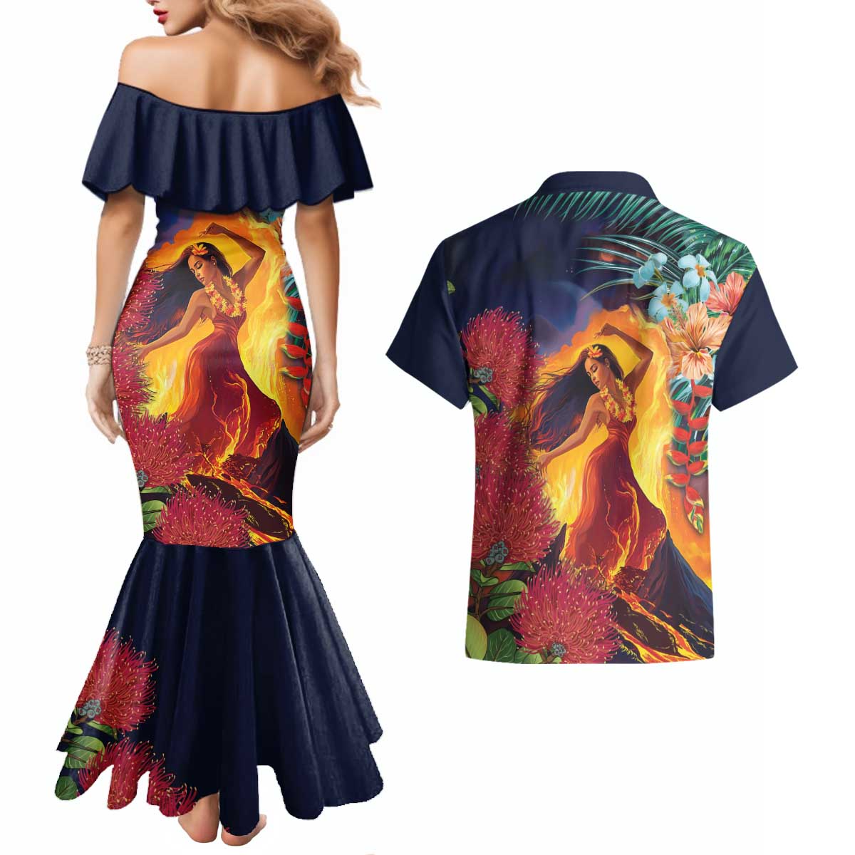 Hawaii Kilauea Big Islands Couples Matching Mermaid Dress and Hawaiian Shirt Pele Goddess With Tropical Flowers LT14 - Polynesian Pride