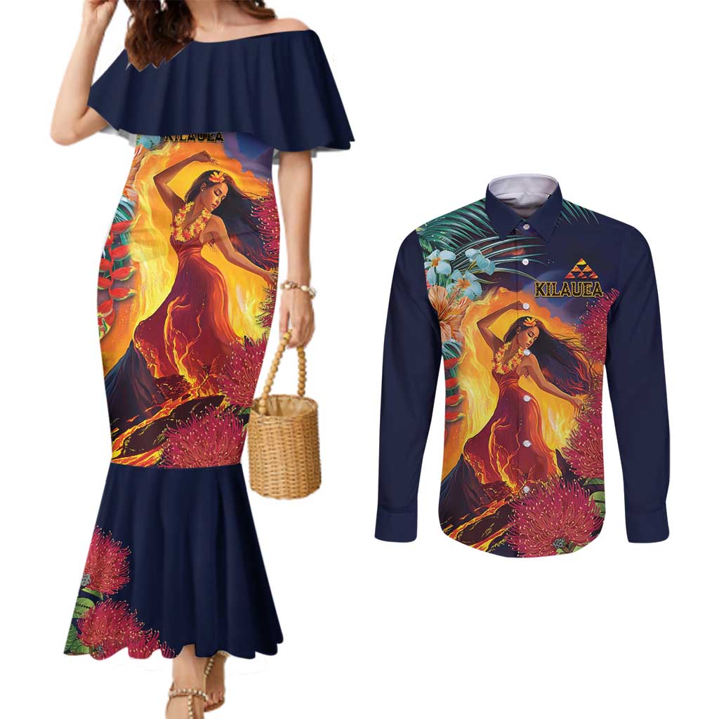 Hawaii Kilauea Big Islands Couples Matching Mermaid Dress and Long Sleeve Button Shirt Pele Goddess With Tropical Flowers LT14 Art - Polynesian Pride